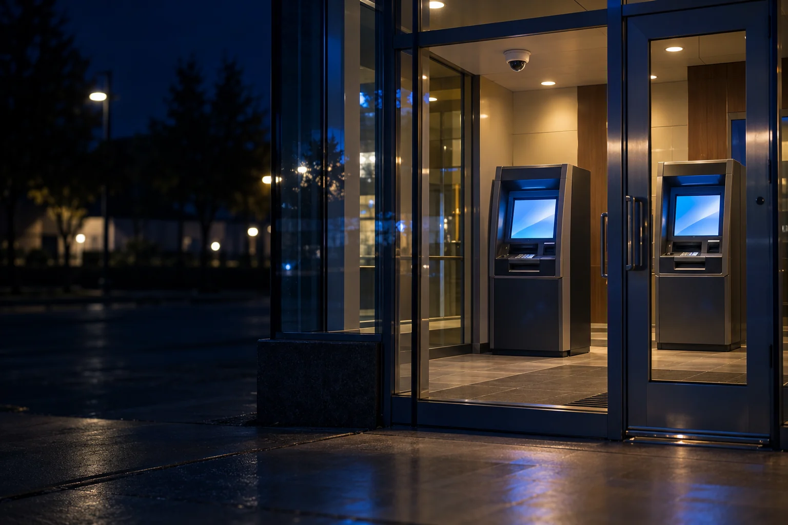An illuminated bank ATM vestibule with two machines and a security camera at night.