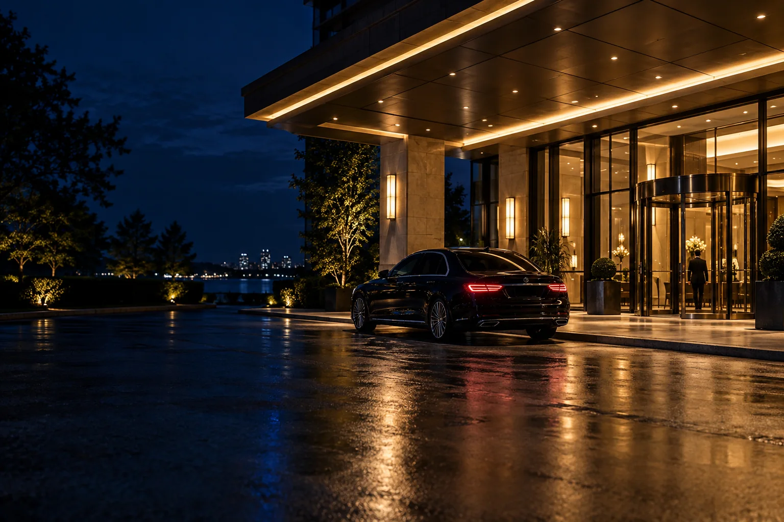 A black sedan parked outside an illuminated hotel entrance at night.