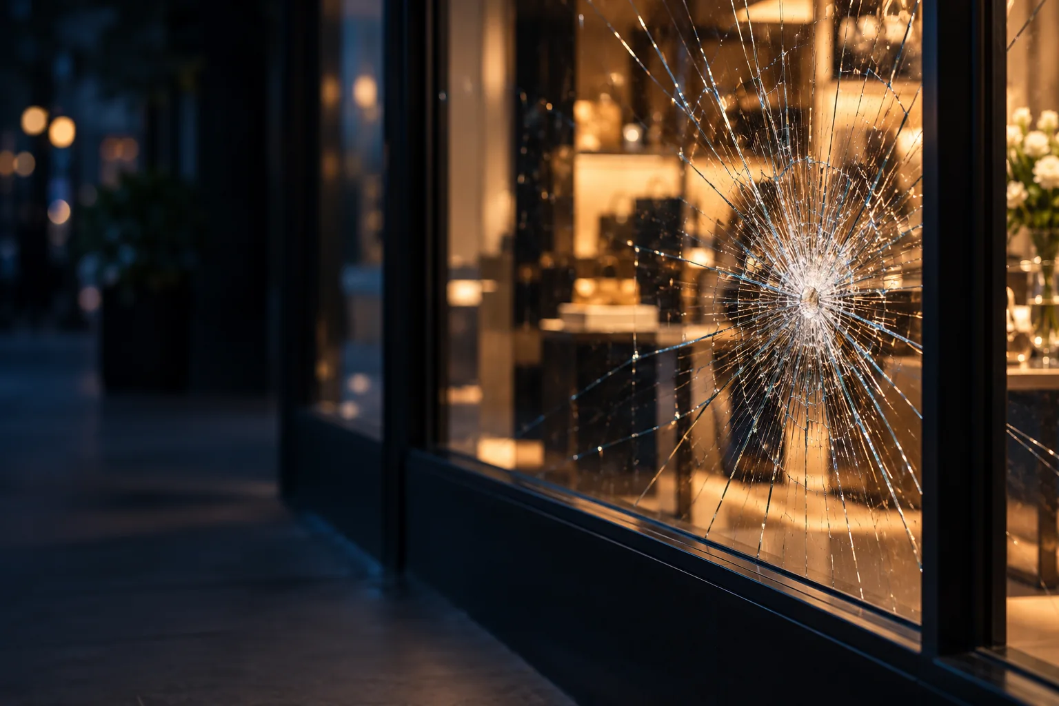 A cracked storefront window remaining intact under warm interior lighting at night.