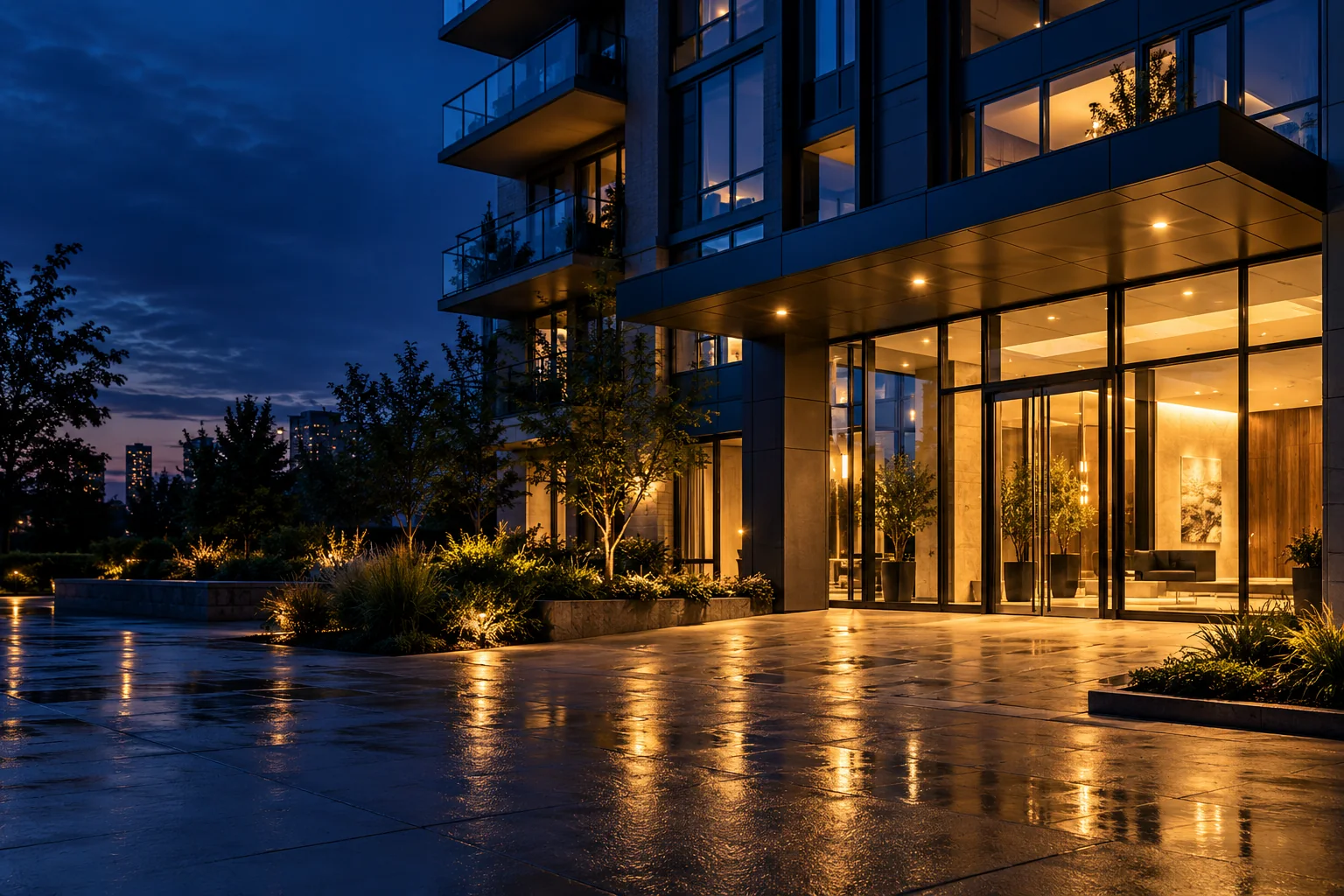 A modern multifamily building entrance and illuminated lobby at dusk after rain.