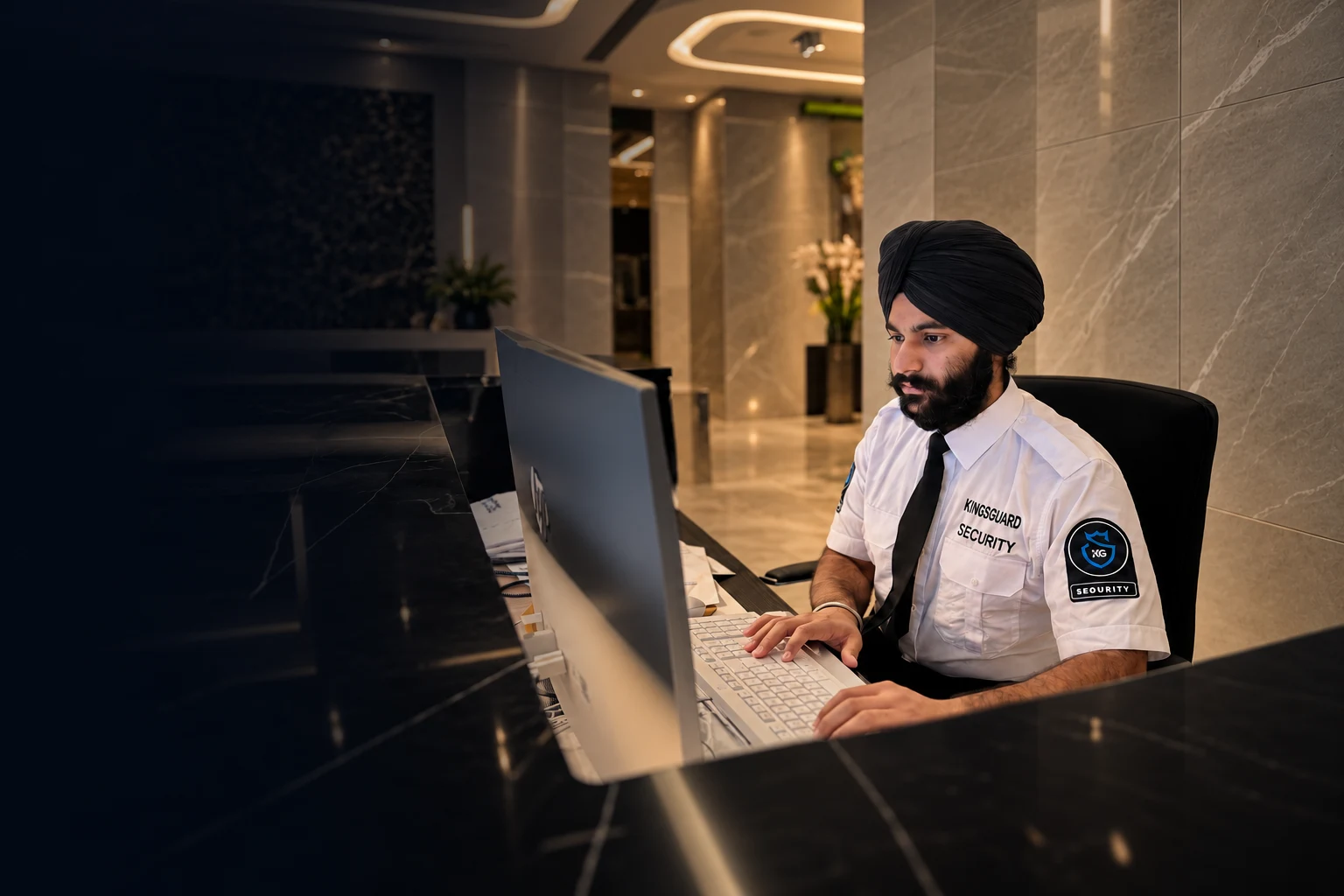 KingsGuard concierge security guard seated at a reception desk with a computer.