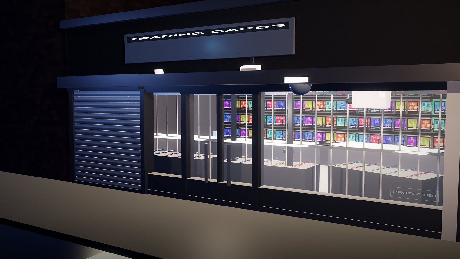 A card shop storefront at night: a steel shutter closed over the left window, lit display cases and stock behind the right window, a dome camera and horn speaker under the fascia, security bars inside, and a fog unit on the ceiling.