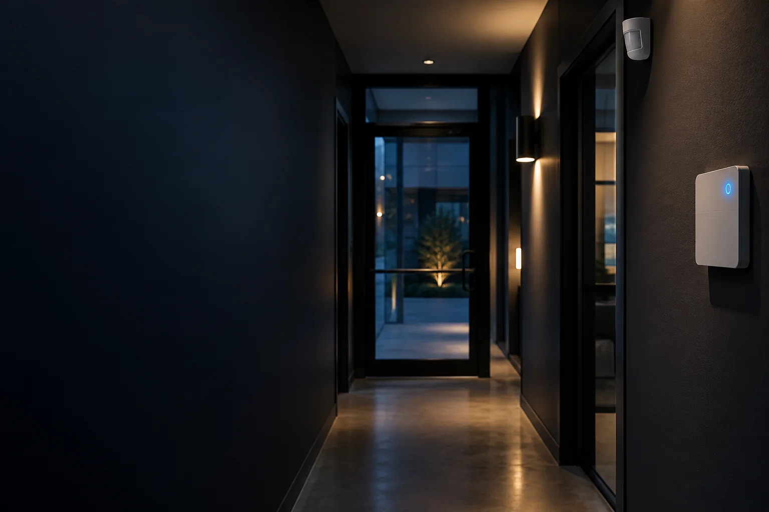 An Ajax keypad and motion detector installed in the entrance hallway of a modern building.