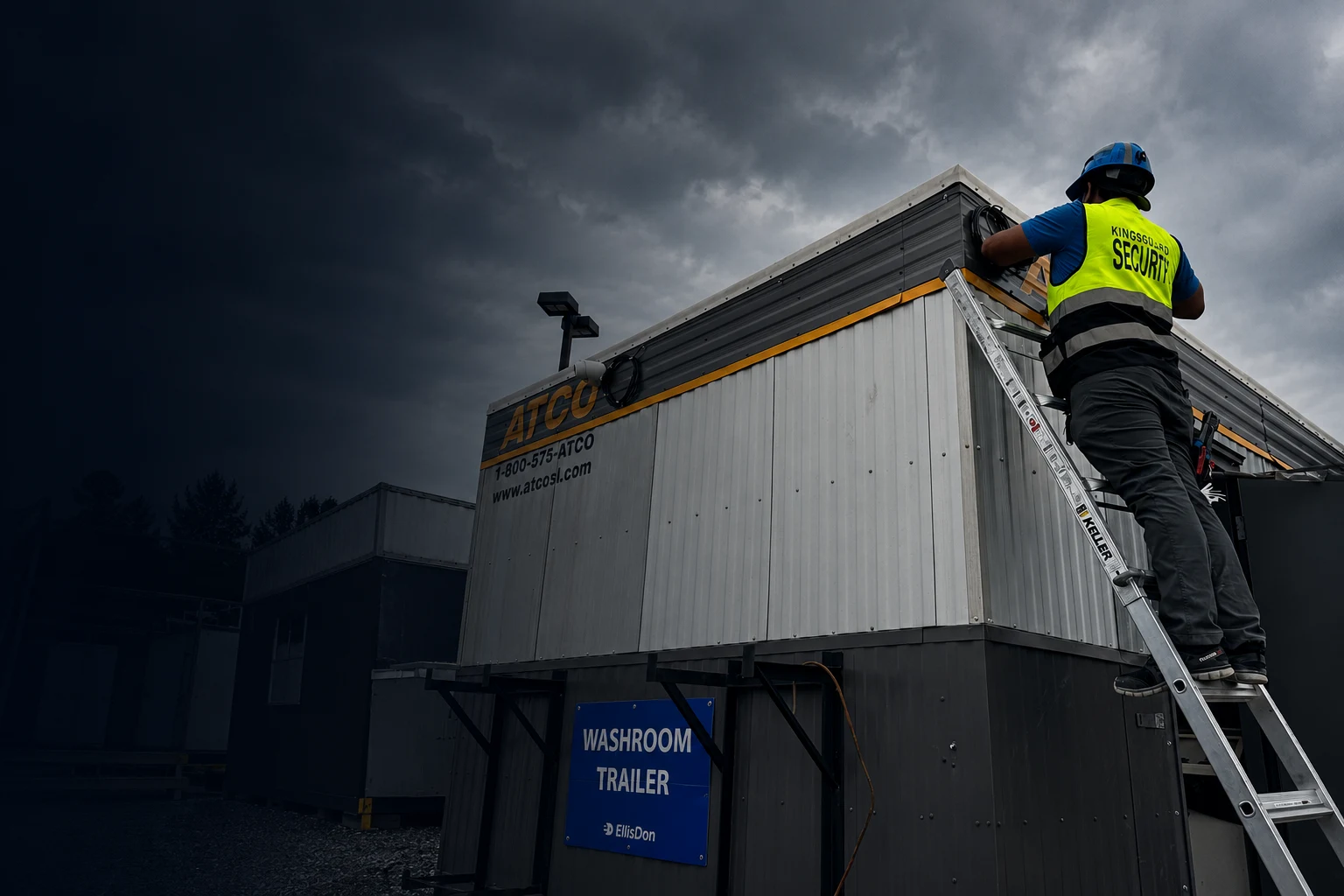 KingsGuard worker installing equipment from a ladder at a construction site.
