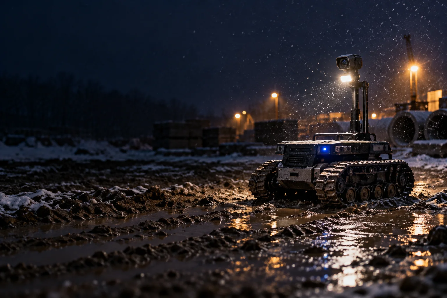 A tracked unmanned ground vehicle patrolling muddy, snowy terrain at night