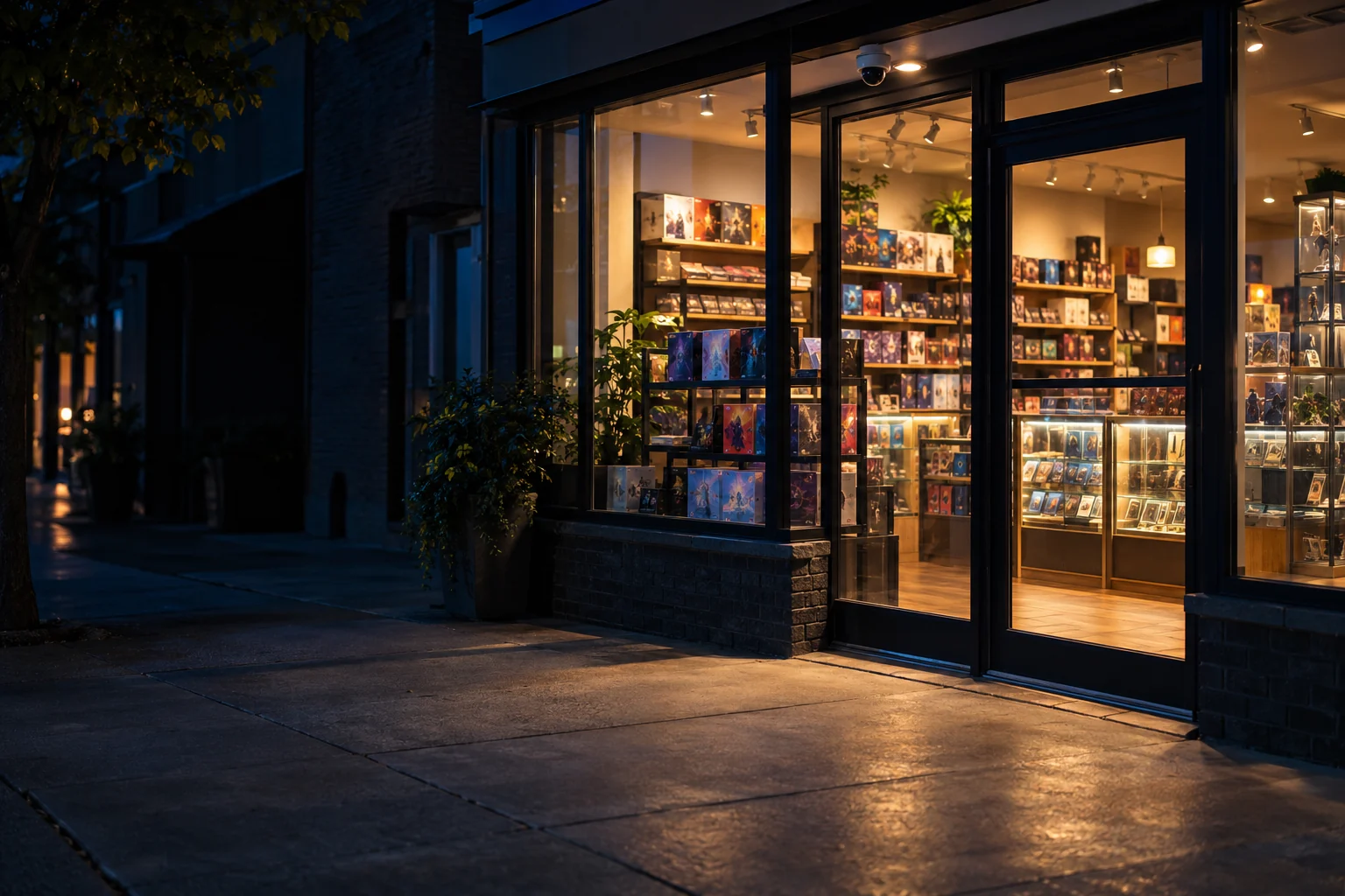 A TCG Watch member card shop entrance at night with illuminated display cases and a security camera above the door.