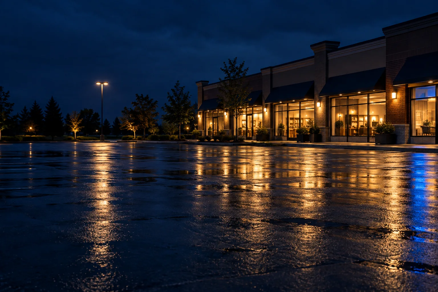 Retail plaza storefronts at night