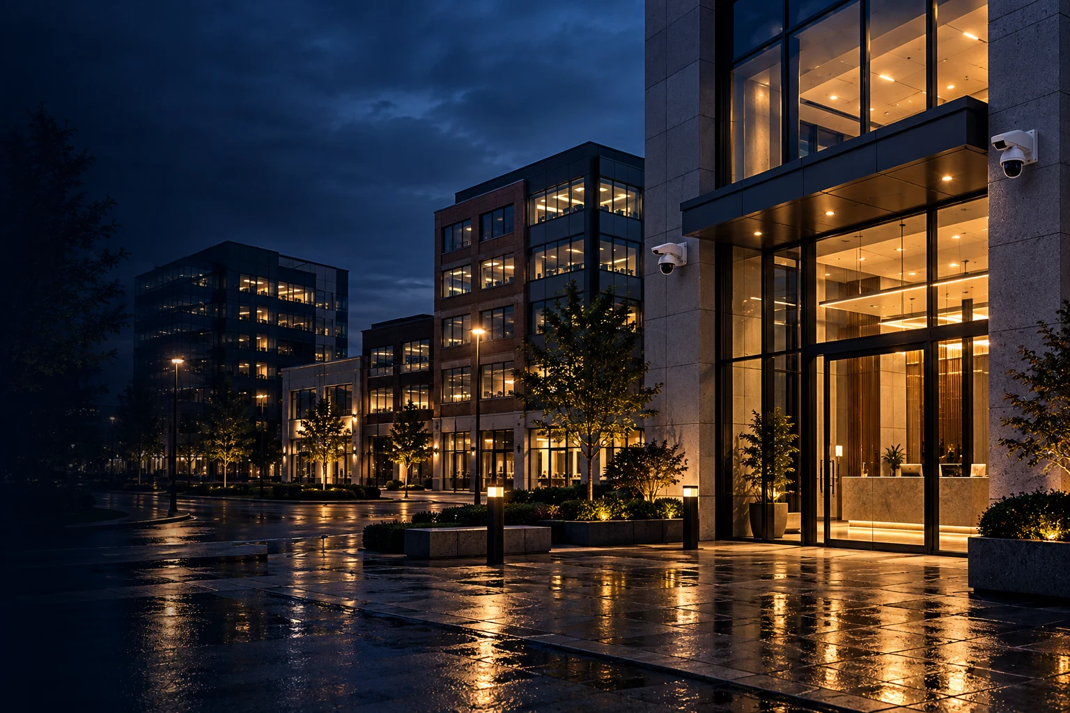 A lit office tower lobby and neighbouring commercial buildings at dusk, protected by facade security cameras.