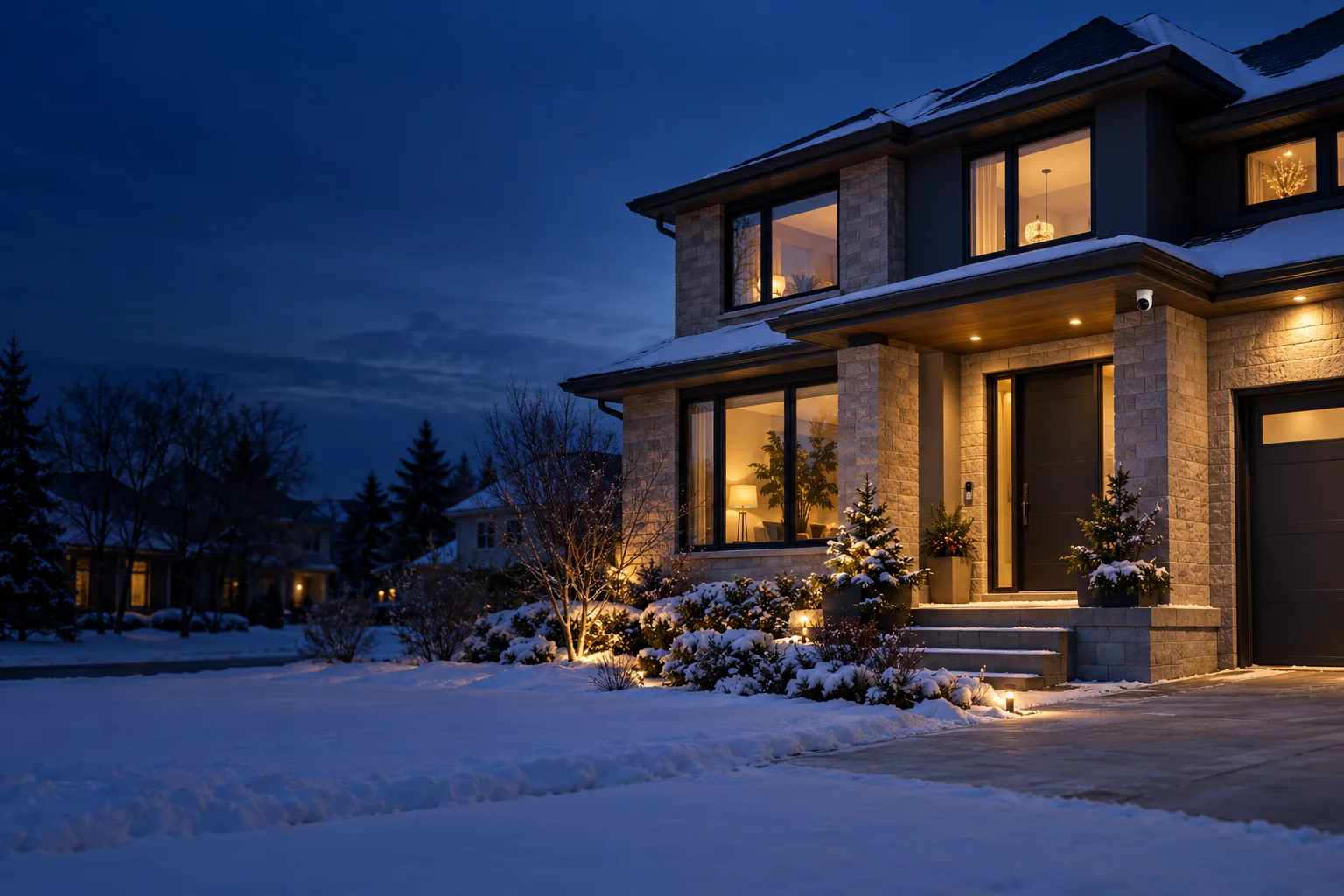 A security camera above the entrance of a modern Ontario home on a snowy evening.