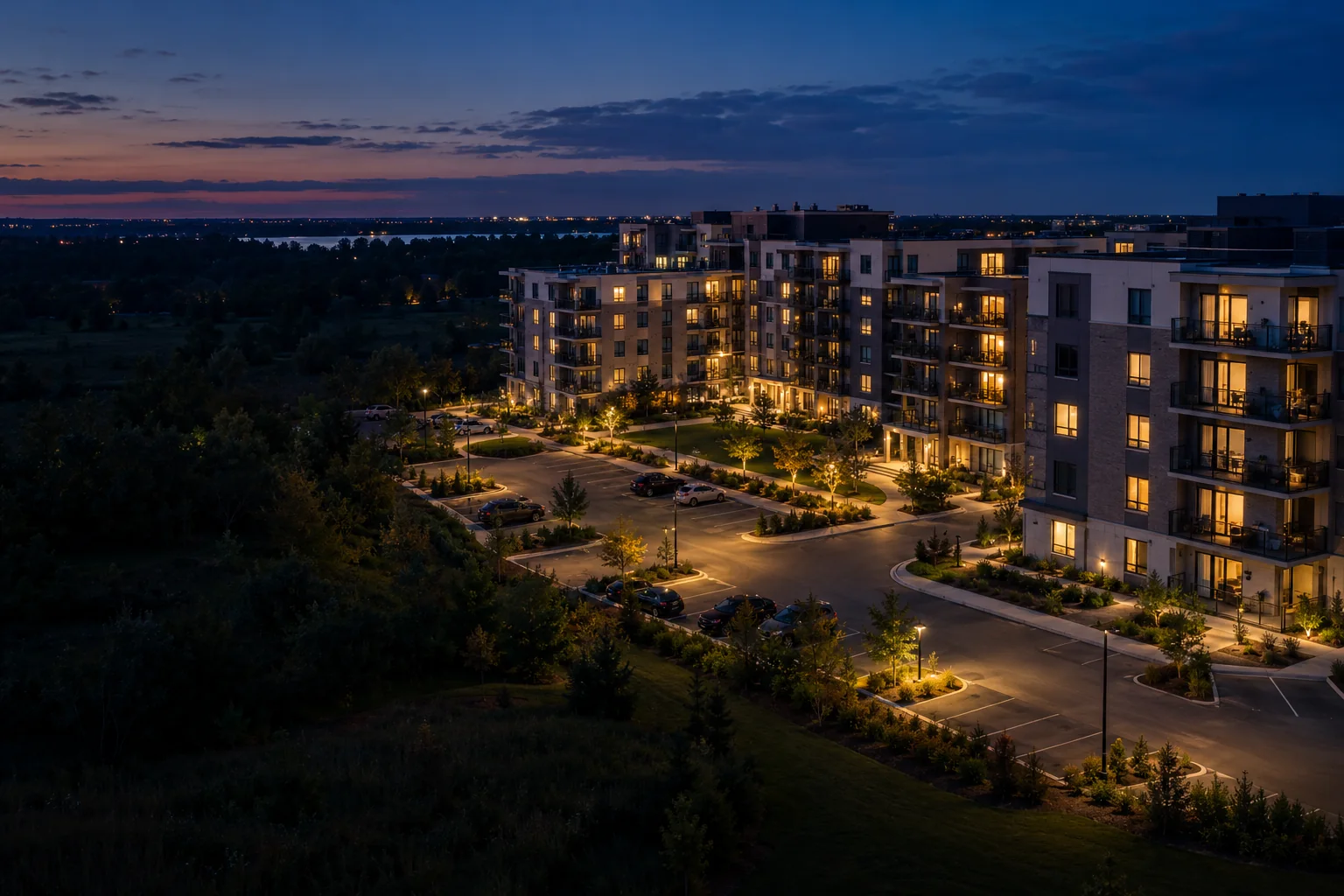 An apartment complex and its illuminated parking areas seen from above at twilight.