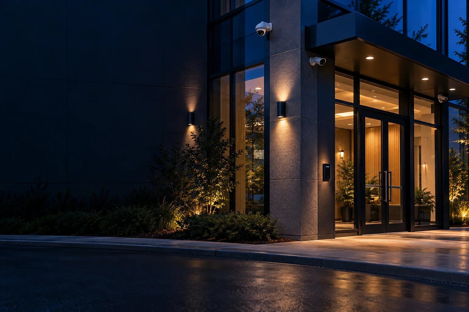 Security cameras watching a modern building entrance at night.