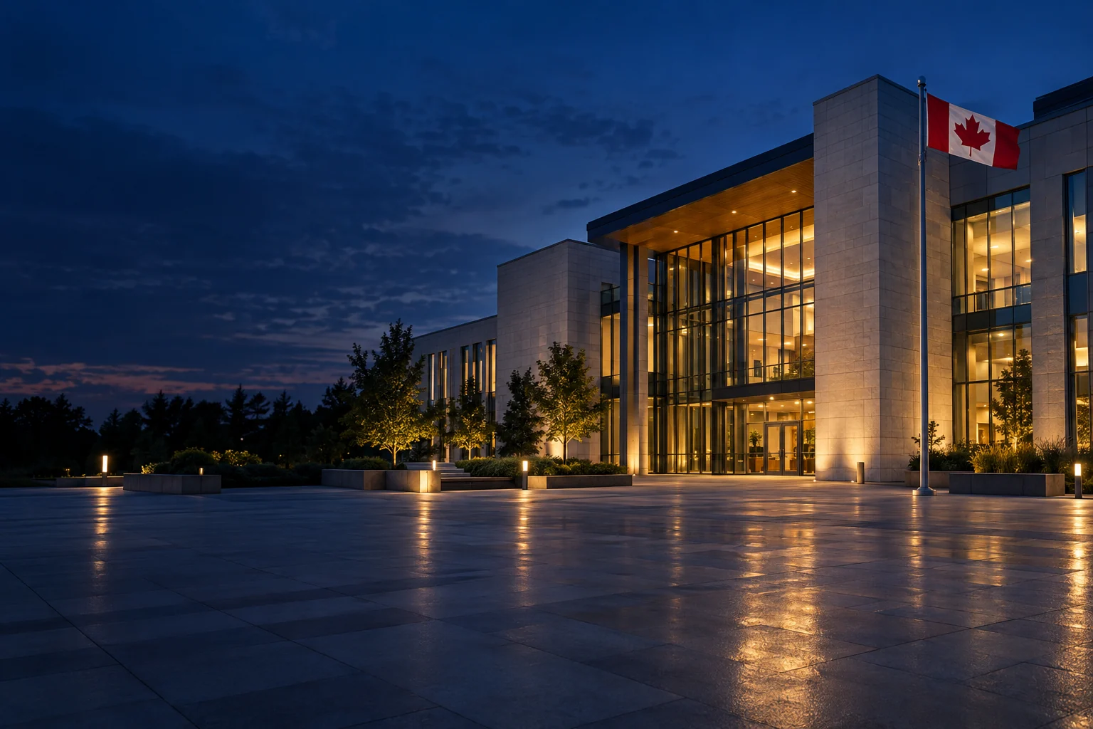 A modern civic building with a Canadian flag and illuminated glass entrance at dusk.