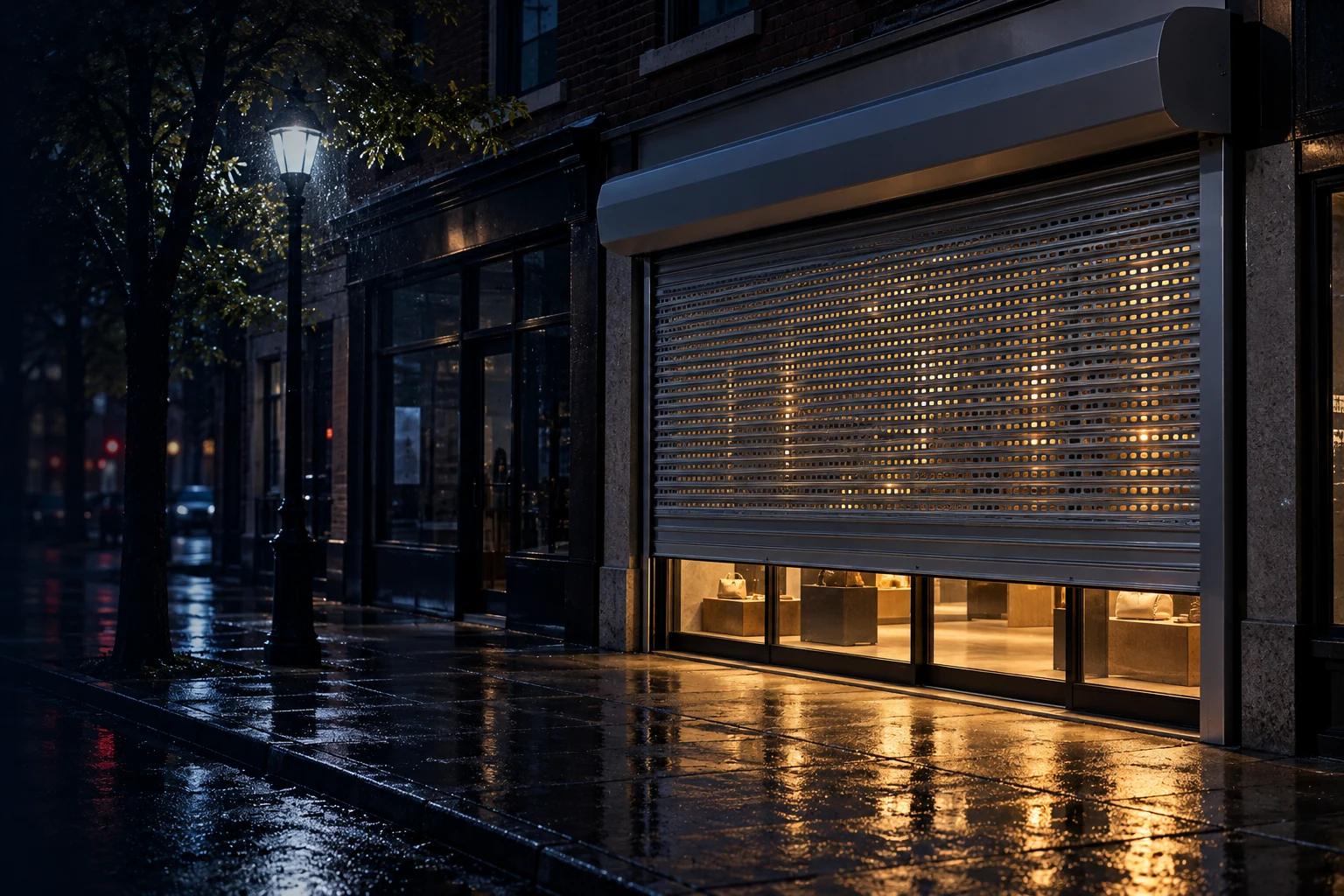 Perforated roll-down security shutter lowered over a lit storefront at night.