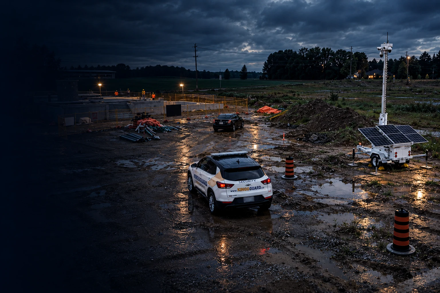Aerial view of a KingsGuard patrol vehicle and solar surveillance trailer protecting an active construction site.