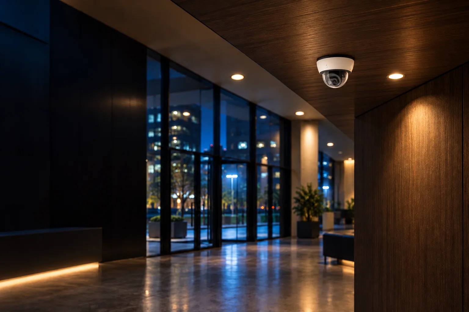 A Verkada dome camera mounted on a wood ceiling above a modern glass storefront lobby at dusk.