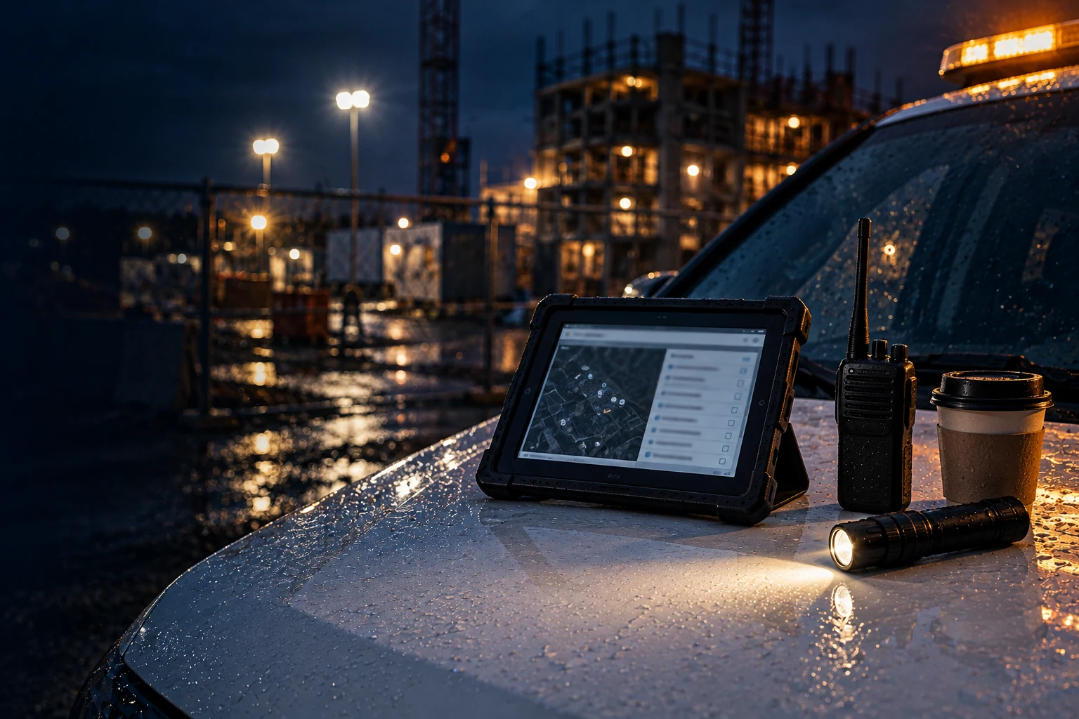 A patrol tablet, radio and flashlight on the hood of a security vehicle at a site at night.