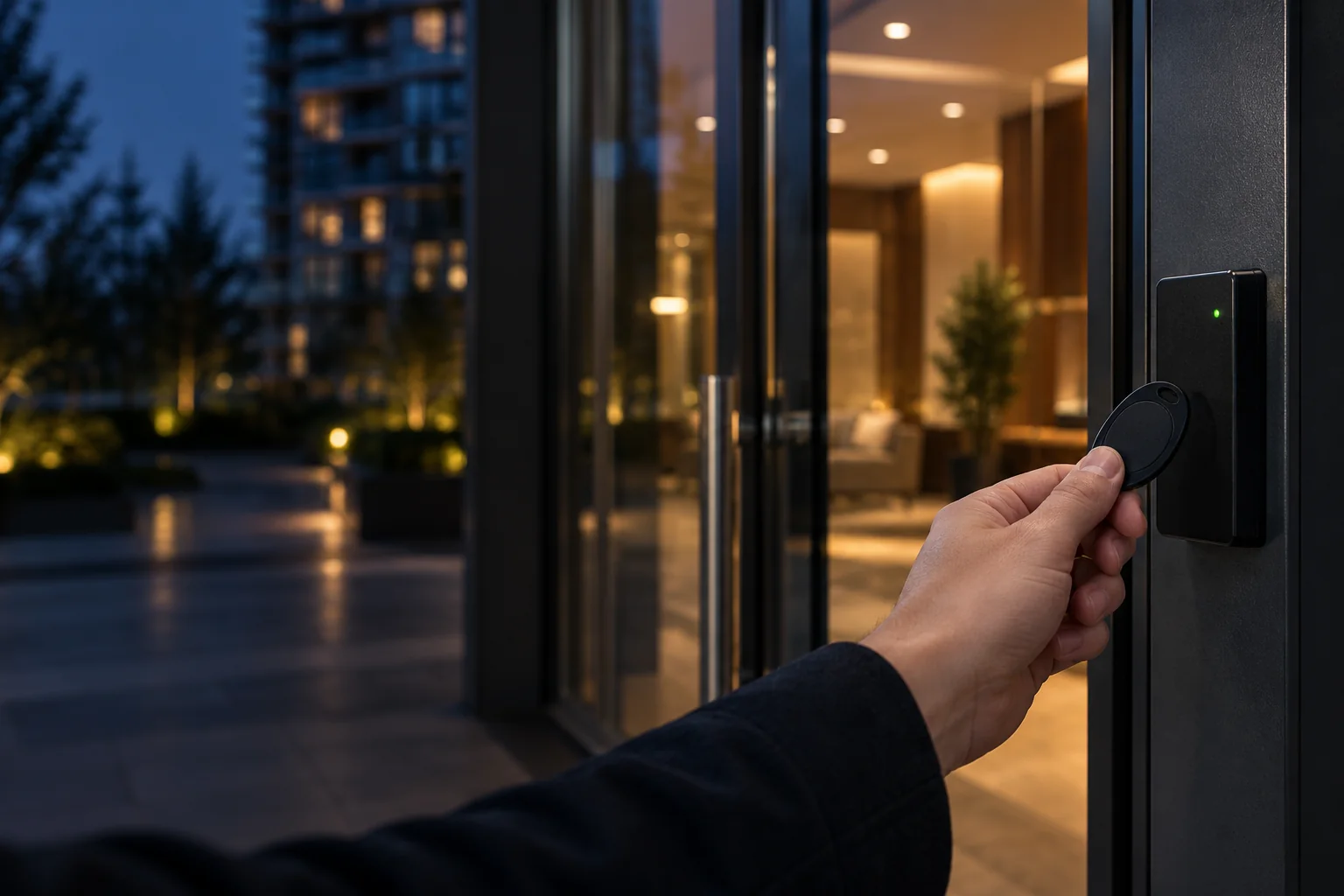 A hand holding an access fob to a reader beside a modern condominium entrance at dusk.