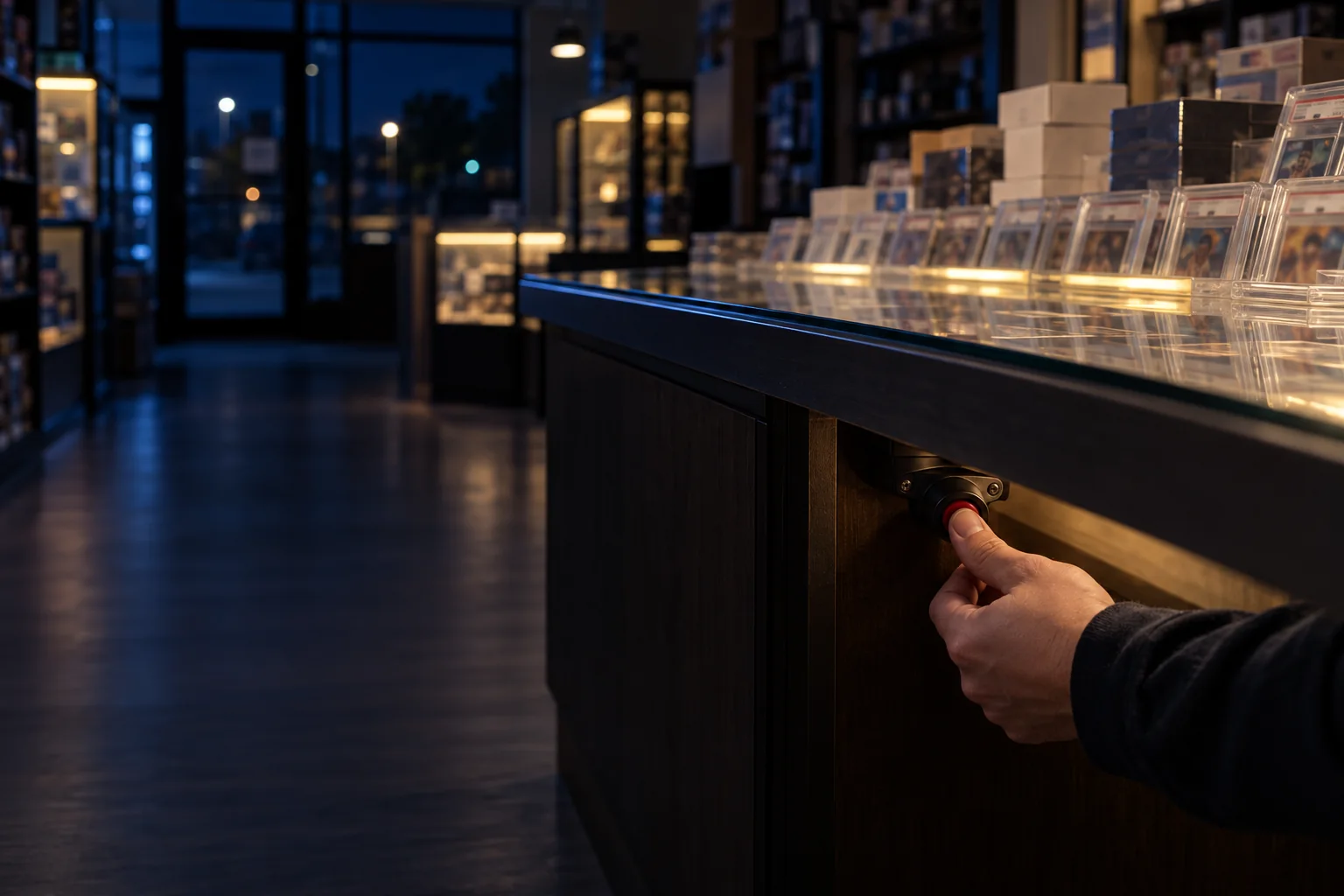 A staff member pressing a concealed panic button beneath a trading card shop display counter.