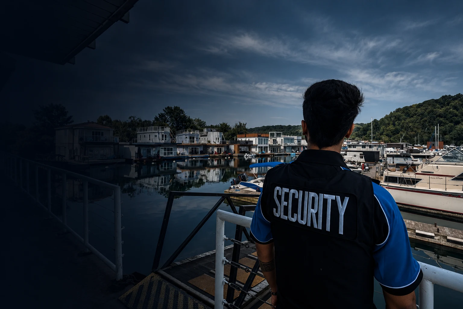 KingsGuard guard on post overlooking a marina.