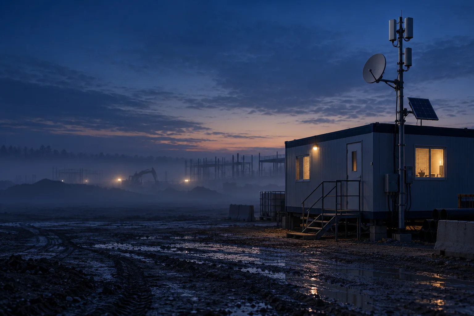 A satellite dish, cellular antennas, and solar panel beside a connected construction site trailer at dusk.
