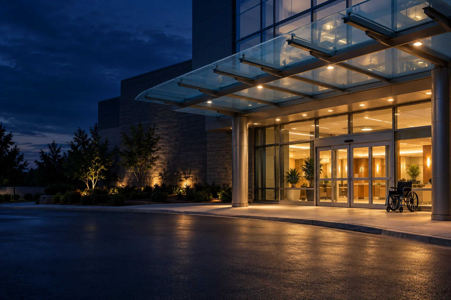 A modern hospital entrance with a glass canopy, illuminated lobby, and wheelchair at dusk.