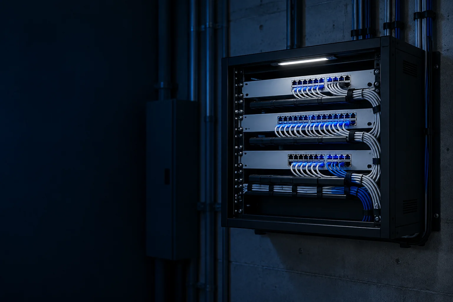 A wall-mounted network rack with organized Ubiquiti switches and Ethernet cabling.
