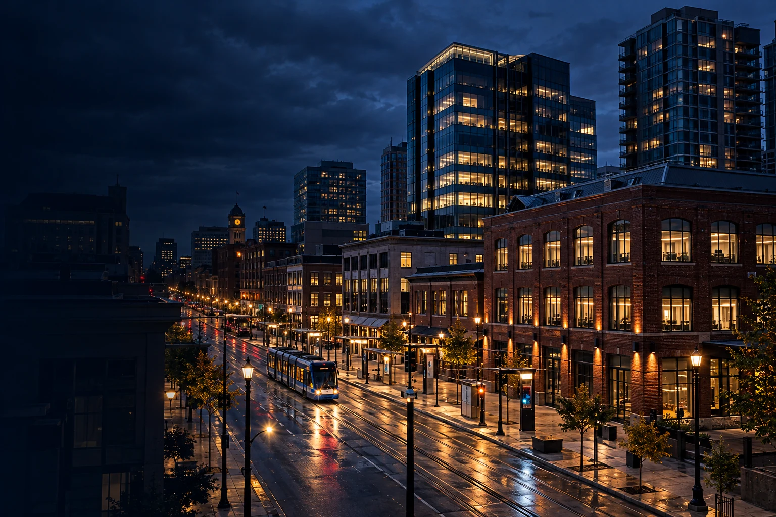 Light rail on a rain-soaked city street at dusk, beside illuminated brick buildings and modern office towers.
