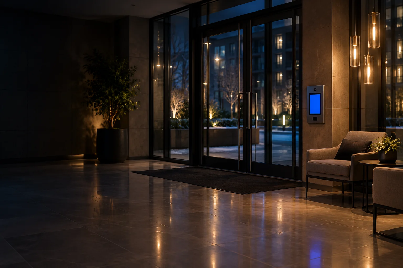 A video intercom kiosk beside the glass entrance of a modern condominium lobby at night.