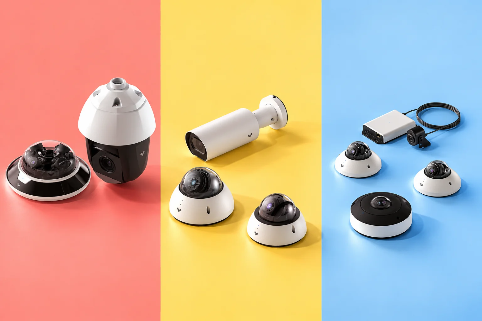 Three groups of Verkada security cameras on coral, yellow and blue panels.