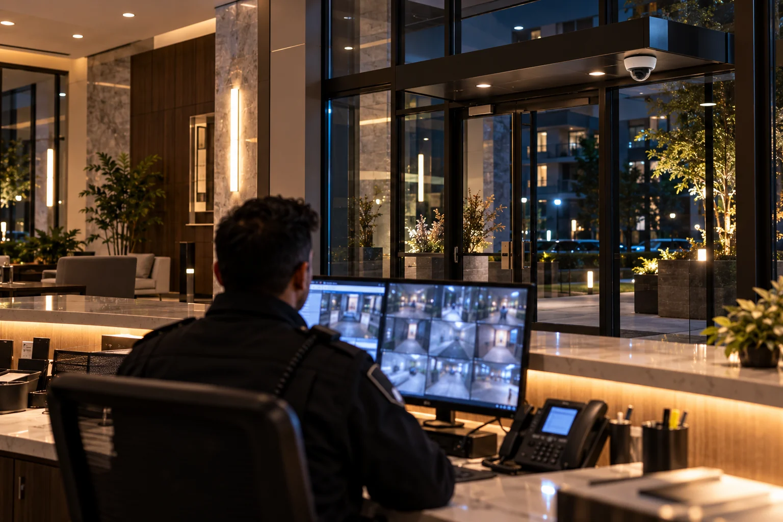 A concierge guard handing a parcel to a resident at a bright condo lobby desk with a camera monitor.