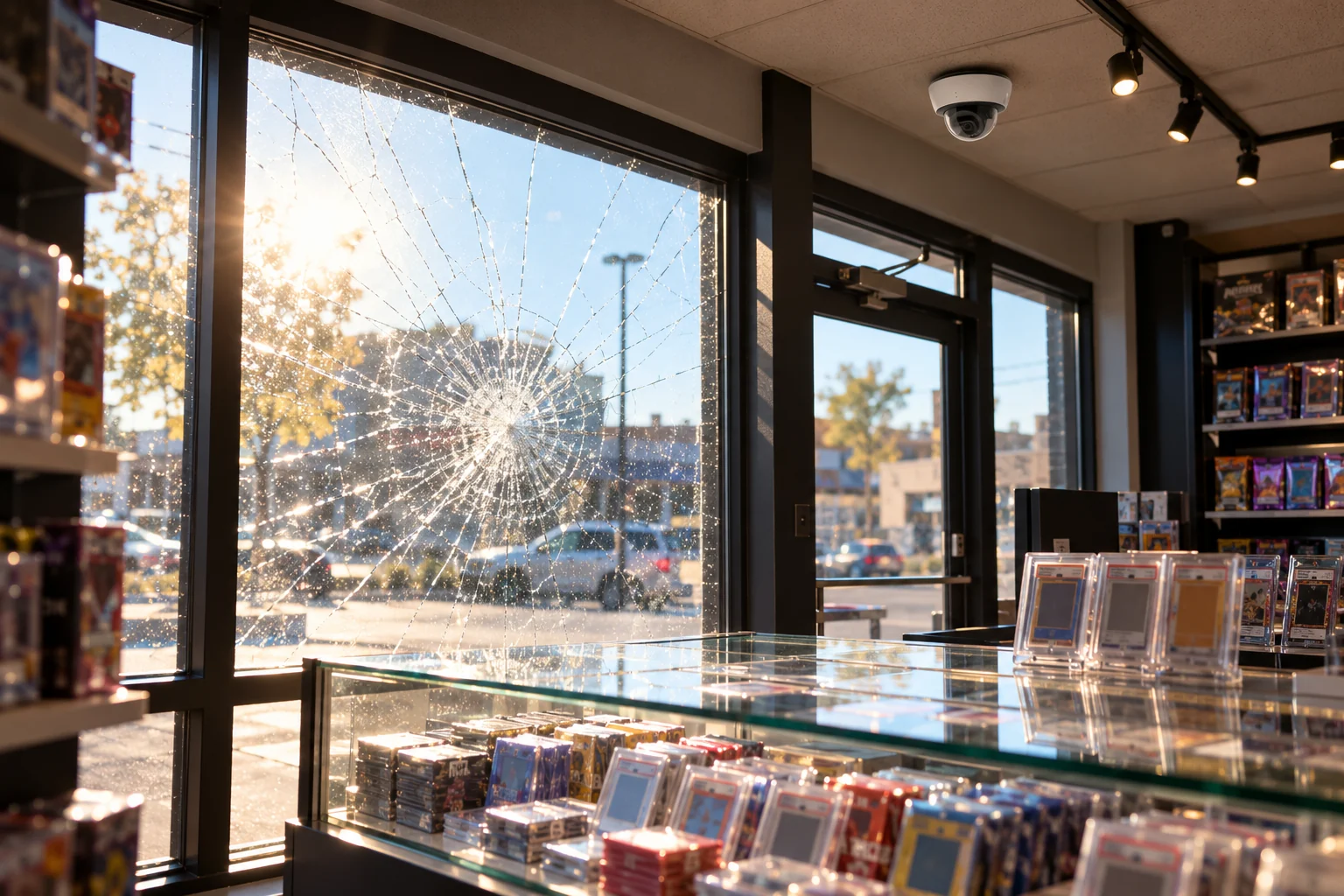 A trading card shop window cracked by an impact but held together by security film, with display cases of graded cards inside.