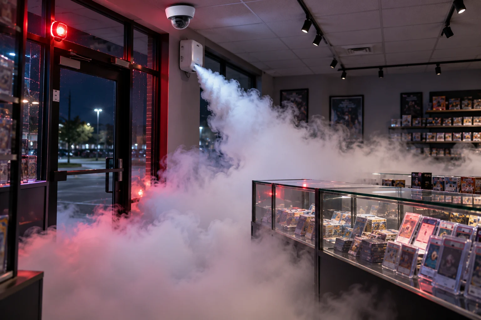 Cutaway illustration of a store where a ceiling camera triggers an alarm and a fog unit fills the room as an intruder turns back.