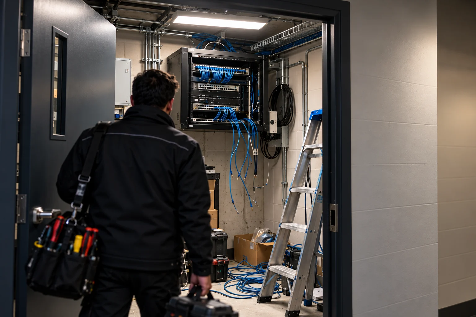 A half-finished camera install with loose ethernet cables hanging from an open ceiling tile and an unmounted camera.