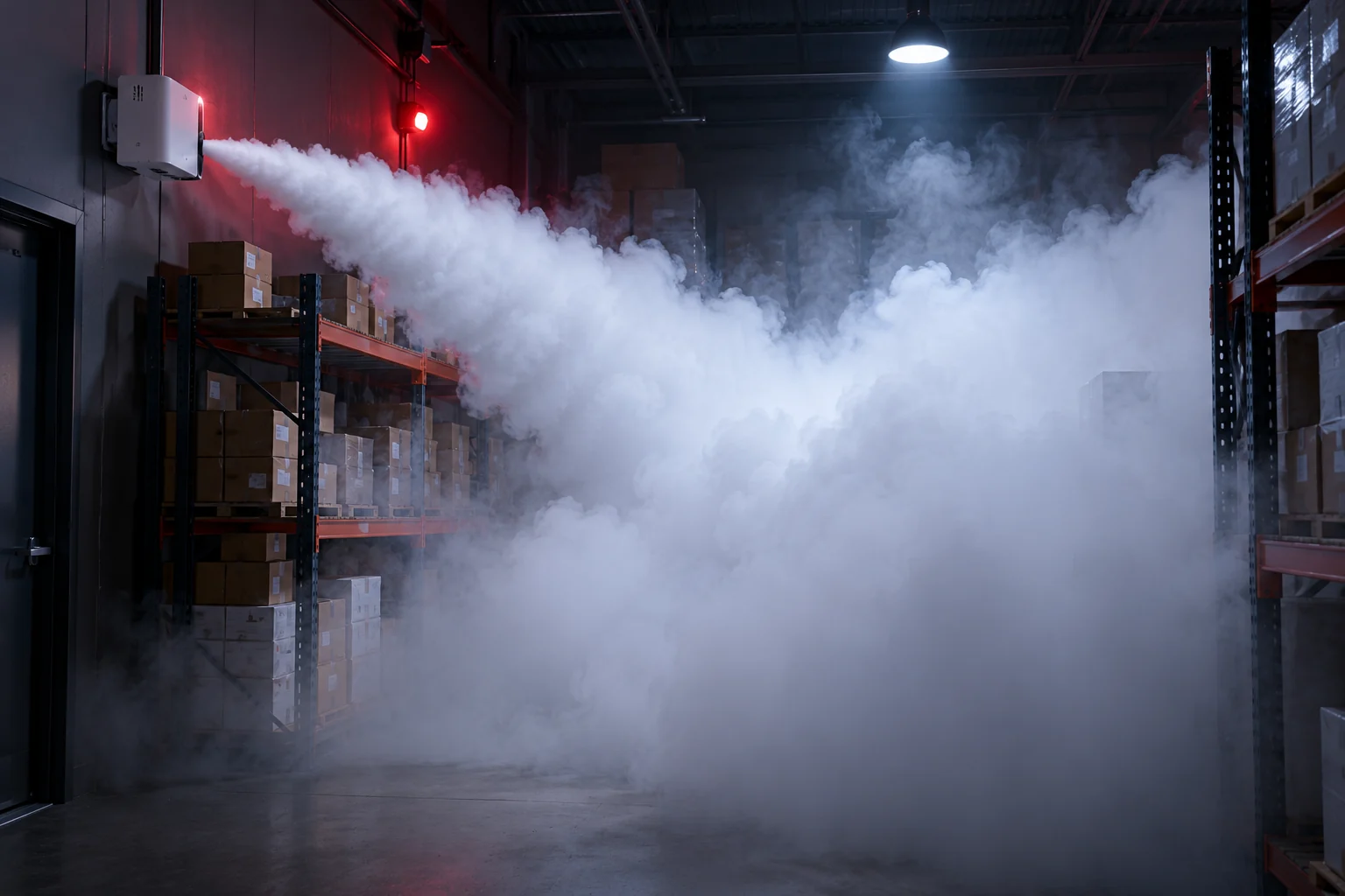 Black-and-white photo of an empty room filling with thick fog, cut by beams of light from a high window.