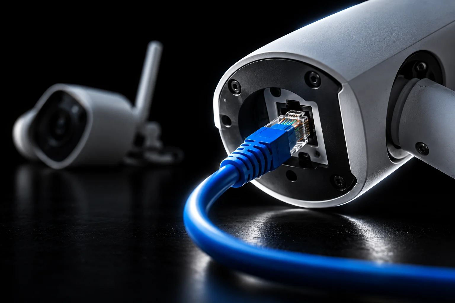 Macro shot of an ethernet cable clicked into the base of a white security camera, with a wireless camera blurred in the background.