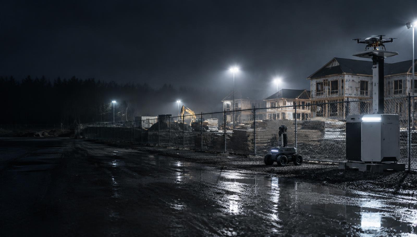A docked security drone and robotic patrol unit operating at a construction site at night.